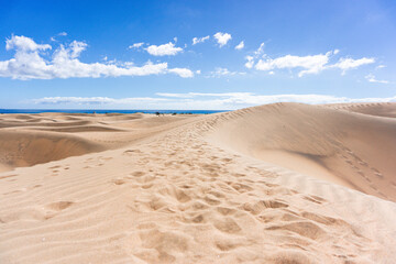 Gran Canaria Maspalomas. Shot from the Dunes with Sand and Sun and the Beach.