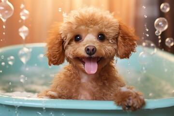 A happy dog takes a bath with foam and soap bubbles in pet grooming salon. Caring for the charming red toy poodle puppy. Generative AI.