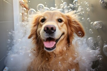 A happy dog takes a bath with foam and soap bubbles in pet grooming salon. Caring for the charming golden retriever. Generative AI.