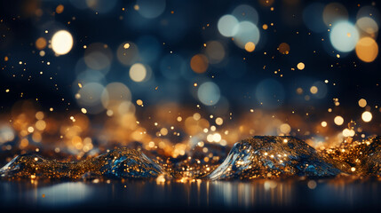 Background of abstract glitter lights. blue, gold and black. AI generative