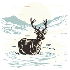 Deer in a water illustration, isolated on transparent background. - obrazy, fototapety, plakaty