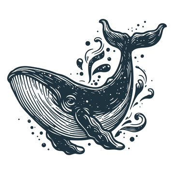 Ocean whale illustration, isolated on transparent background.