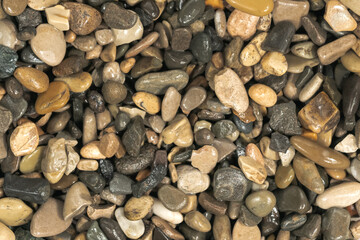 Nature wet sea pebbles background texture. natural aquarium soil. beach pebbles close up