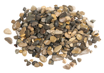 Wet sea pebbles isolated on white background. natural aquarium soil. beach pebbles texture close up