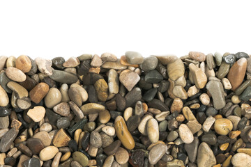 Wet sea pebbles isolated on white background. natural aquarium soil. beach pebbles texture close up