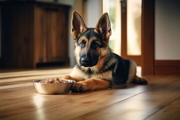 An obedient dog on the wooden floor near a bowl of food and waits for permission. Charming german shepherd. Generative AI. - obrazy, fototapety, plakaty