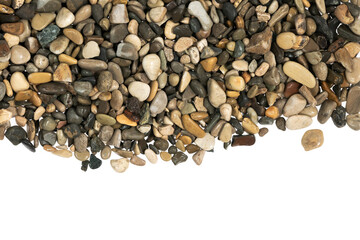 Wet sea pebbles isolated on white background. natural aquarium soil. beach pebbles texture close up