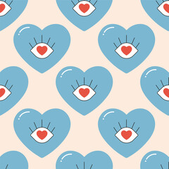 Seamless pattern groovy valentine's day, hearts, cute character