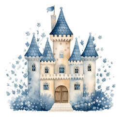 Cartoon illustration of cute blue castle isolated. - obrazy, fototapety, plakaty