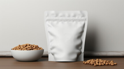 White paper biodegradable bag with zip lock. Packaging of dry pet cats or dogs food. Copy space mockup for logo design or text. Generative AI. - obrazy, fototapety, plakaty