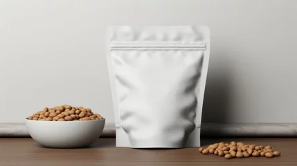 Fotobehang White paper biodegradable bag with zip lock. Packaging of dry pet cats or dogs food. Copy space mockup for logo design or text. Generative AI. © Nikolai
