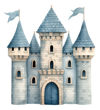 Cartoon illustration of cute blue castle isolated.