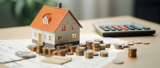 A playhouse with coins and a calculator on a desk table. Concept of economy. Generated with AI