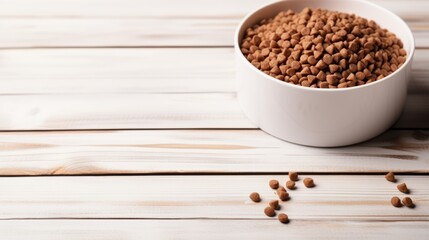 Dry dog or cat food in bowl on light wooden table top view, Background with copy space for pet store. Generative AI.