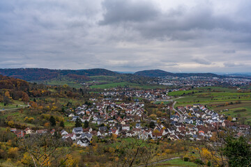 Fototapeta na wymiar Beautiful view of valley, mountains, Alb, autumn view. Colorful colors. view of small town.