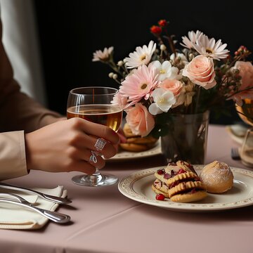   two people hold hands in front of a table with flowers,Valentines Day, Propose day,  Valentines Day date. 
