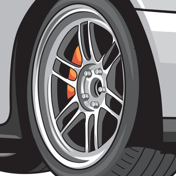 vector cartoon illustration of sports car tires, car rims, automotive t-shirt design