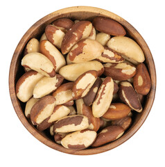 Peeled brazil nut in wooden cup isolated on white background