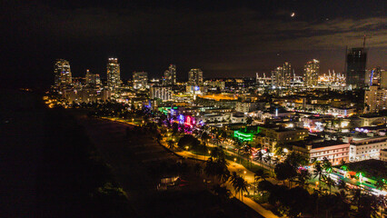night city street miami south beach ocean drive aerial view