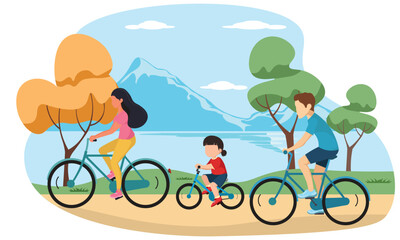 Family cycling outdoor. Father, mom and daughter spend time together, outdoor activities, healthy lifestyle. Cartoon flat vector illustration isolated on white background