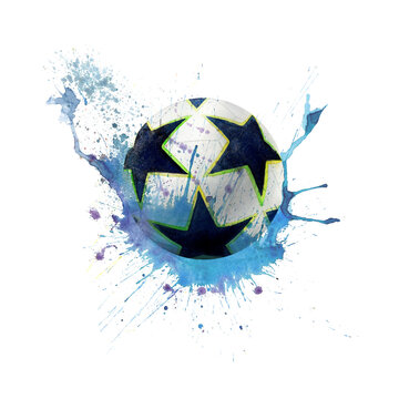 recommend clip art: Watercolor drawing of football ball black and white with stars on blue water splash spot. Illustration isolated on white background. For wallpapers logo banner icon card