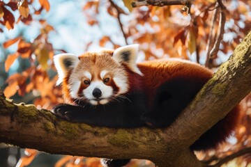 A red panda lying on a tree branch with green leaves hanging its long tail