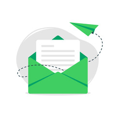 Letter in an envelope with message and a paper airplane. Green email icon. Minimalistic vector illustration.