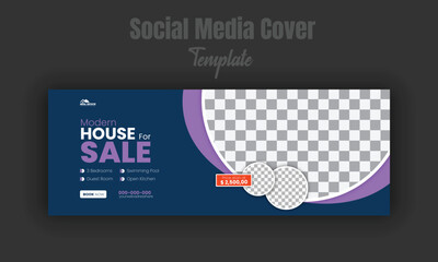 Real estate company property promotion timeline cover, modern and luxury house for sale social media post design template, web banner and advertising discount template with dark blue color background