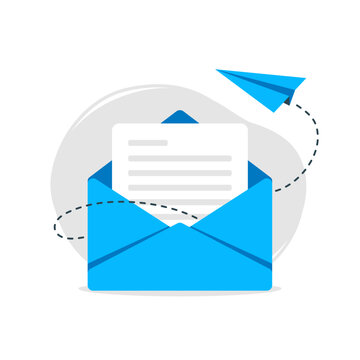 recommend clip art: Letter in an envelope with message and a paper airplane. Blue email icon. Minimalistic vector illustration.	