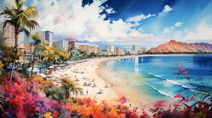 Hawaii Waikiki Watercolor Art Print | USA America Pacific Poster | Seascape Wall Art | Art Decor