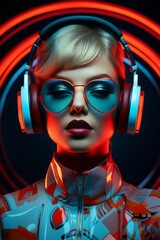 A Woman Immersed in Music and Fashion Under Neon Lights. A woman wearing headphones and sunglasses in a room with neon lights.