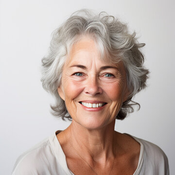 Portrait of a senior woman with a white studio background. Warm, friendly, and wise facial expression. 