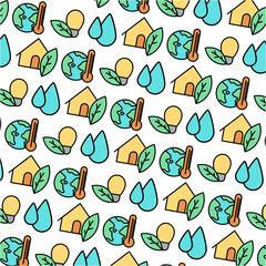 A seamless pattern of houses and trees with leaves. This asset is perfect for nature-themed designs, such as wallpapers, fabrics, and stationery. Ideal for adding a charming touch to various products.