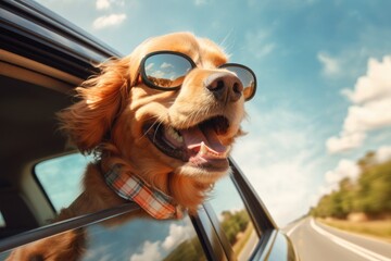 Happy dog looks out of the car window. Traveling with a pet.