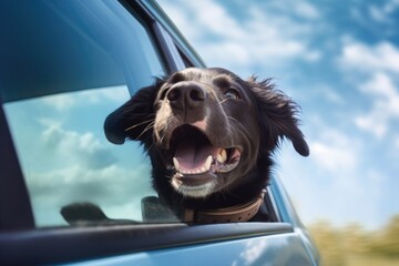 Happy dog looks out of the car window. Traveling with a pet.