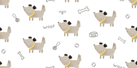 Little cute puppy. Funny dog seamless pattern. Endless design with domestic animals. Dogs supplies background