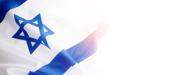 Banner with Official flag of Israel on a white background and empty space for text. Israeli flag...