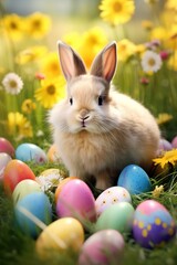 Easter bunny and colorful eggs on green grass with flowers background.