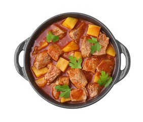 Delicious goulash in pot isolated on white, top view