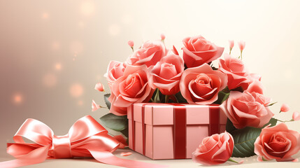 Gift box and Valentine's Day flowers vector with background
