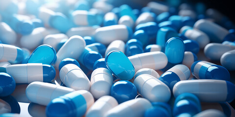 Blue and white pills and close-up antibiotics, the concept of medicine and health care