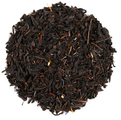 Pile leaf tea with various additives isolated on white background, top view. Heap of dried tea