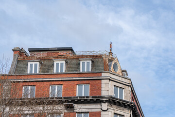 Old Irish residential commercial house with large roof terrace on O'Connell Street in Dublin City,...