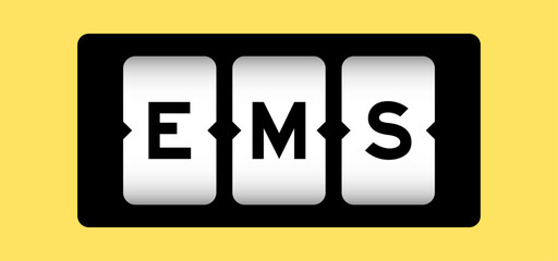 Black color in word EMS (abbreviation of emergency medical services or express mail service) on slot banner with yellow color background