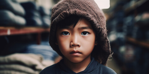Small asian children portrait in textile factory. Generative AI.