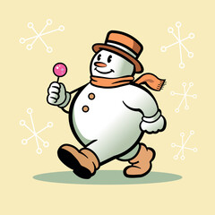 Vintage cartoon funny snowman mascot, walking with a lollipop in a hand, wearing gloves, hat and scarf. Christmas comic character design, vector illustration
