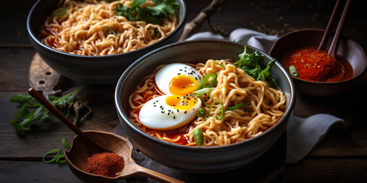 Spicy korean ramen with noodles. Generative AI.