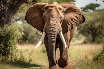 Foto op Canvas A big bull elephant with huge tusks charges head on with his ears © Fabio