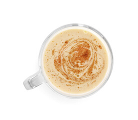 Delicious eggnog with cinnamon isolated on white, top view