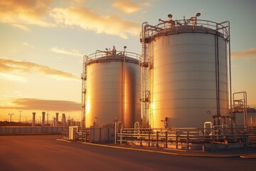 Obraz premium Chemical plant s storage tanks at sunset hour